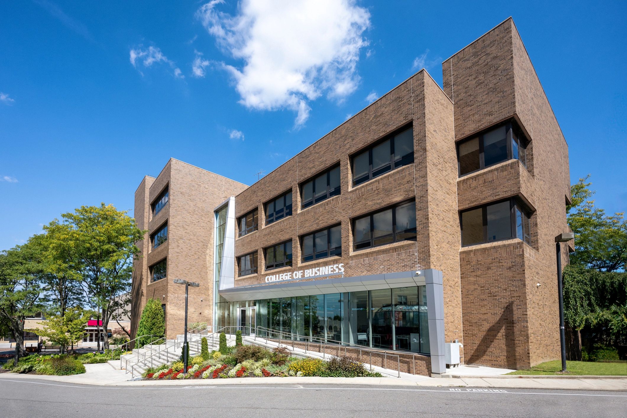 Commercial building exterior and parking area